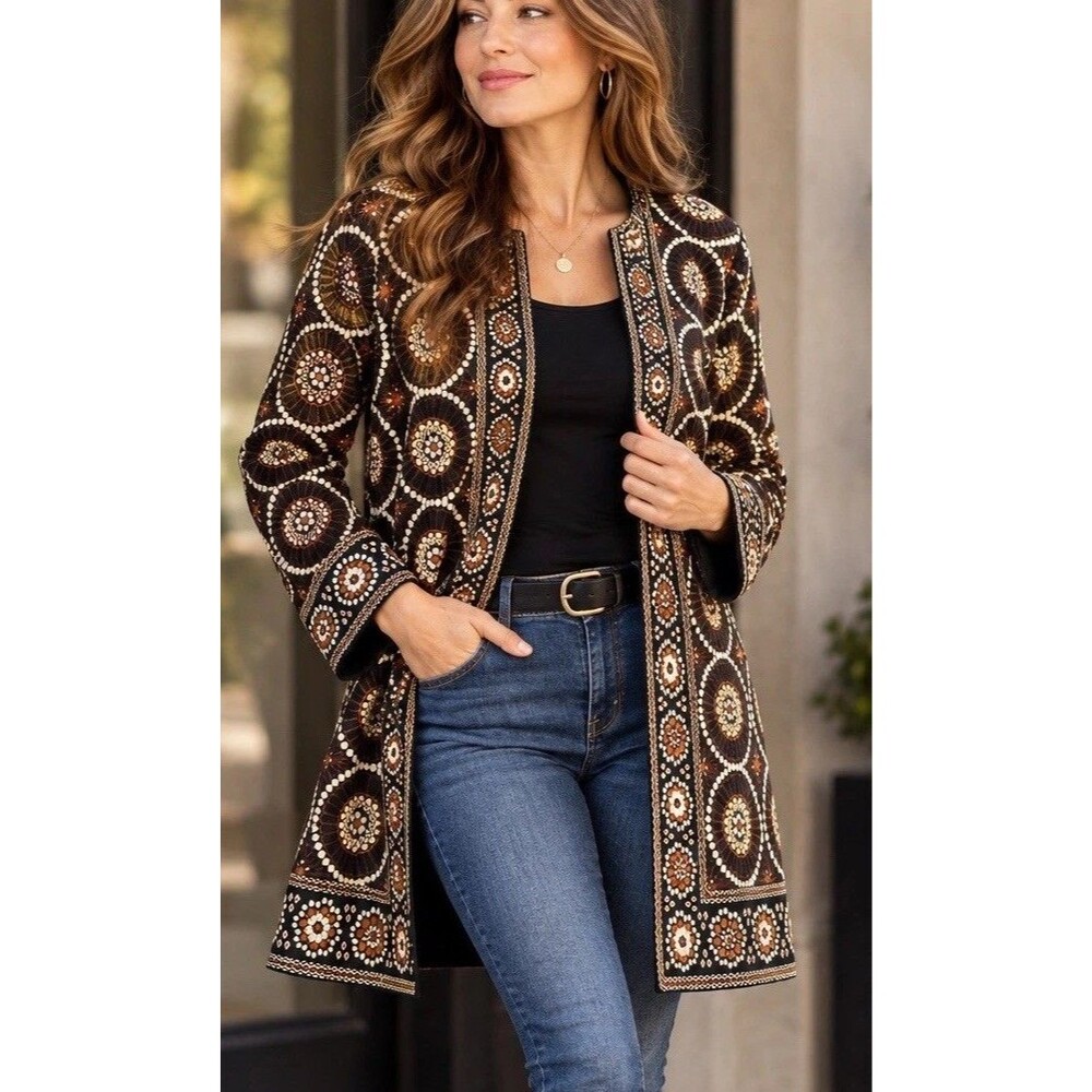 SILKLAND Elegant Collection Embroidered Beaded Jacket Size Lg Open Front Duster